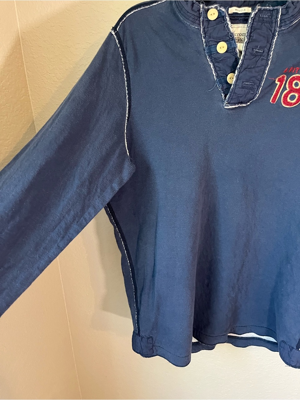 Y2K Abercrombie & Fitch Muscle Fit 18 Henley Long Sleeve Shirt Navy Large - Picture 4 of 10